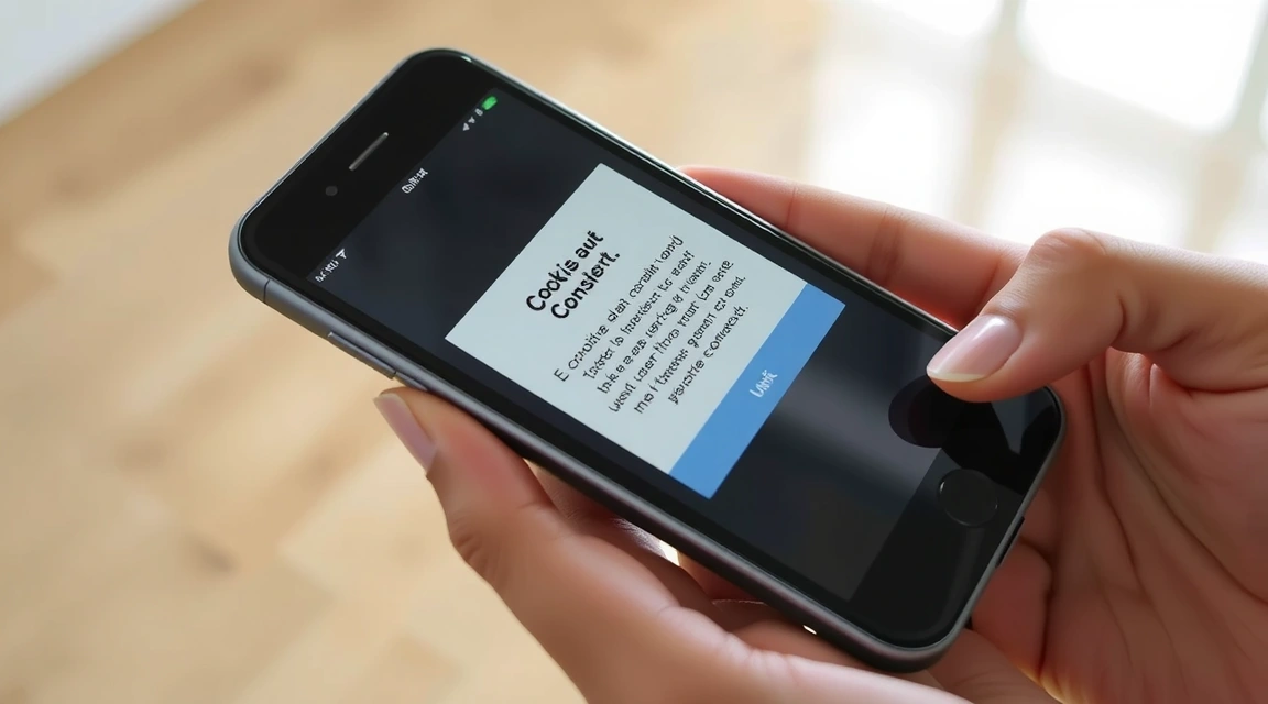 A hand holding a smartphone with cookie consent pop-up on screen, symbolizing user choice and control over data.
