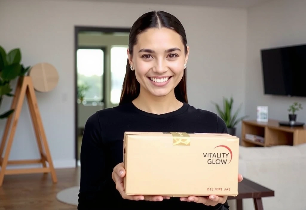 Woman looking at a shipping box with Vitalityandglowuaecovb branding, representing order and delivery