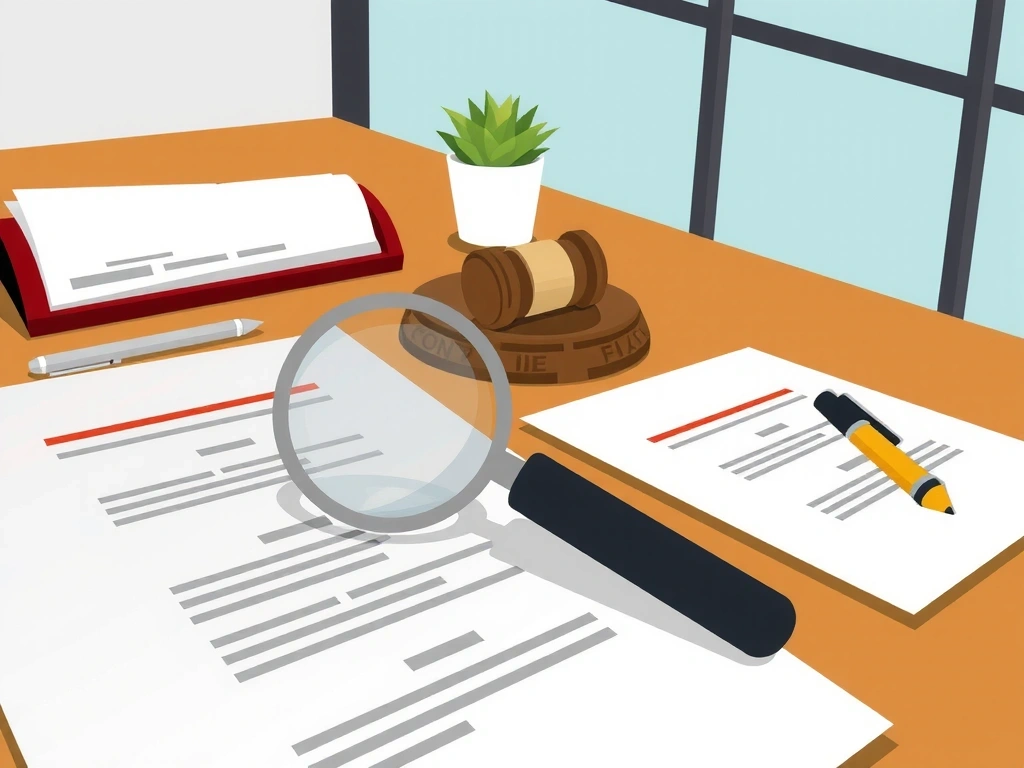 Illustration of legal documents and a magnifying glass, symbolizing careful review of terms and conditions.